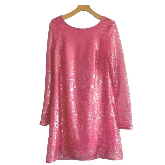 New By Anthropologie Sequin Drape-Back Mini Dress $180 SIZE 14 Pink Long Sleeve - Picture 7 of 9